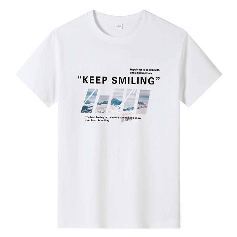 Bistrota Keep Smiling Mens Fashion Short-sleeved T-shirt Pure Cotton Casual Tee M-6XL 5XL