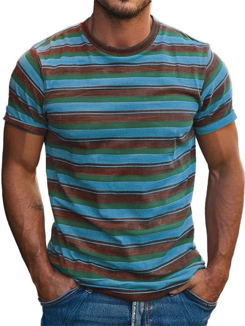 ETST WENDY 005 Heren Retro Stripe 3D Geprint T-shirt Zomer Casual Korte Mouw Mode Ronde Hals T-shirt Losse Snel Drogende Ademende Sport T-shirts M