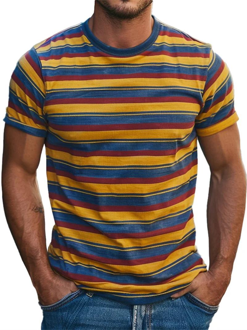 ETST WENDY 005 Heren Retro Stripe 3D Geprint T-shirt Zomer Casual Korte Mouw Mode Ronde Hals T-shirt Losse Snel Drogende Ademende Sport T-shirts M