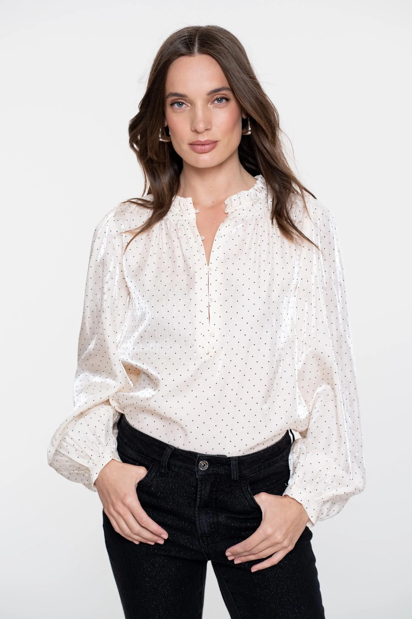 Geisha 53539-14 017 blouse shiny h dots ivory/black