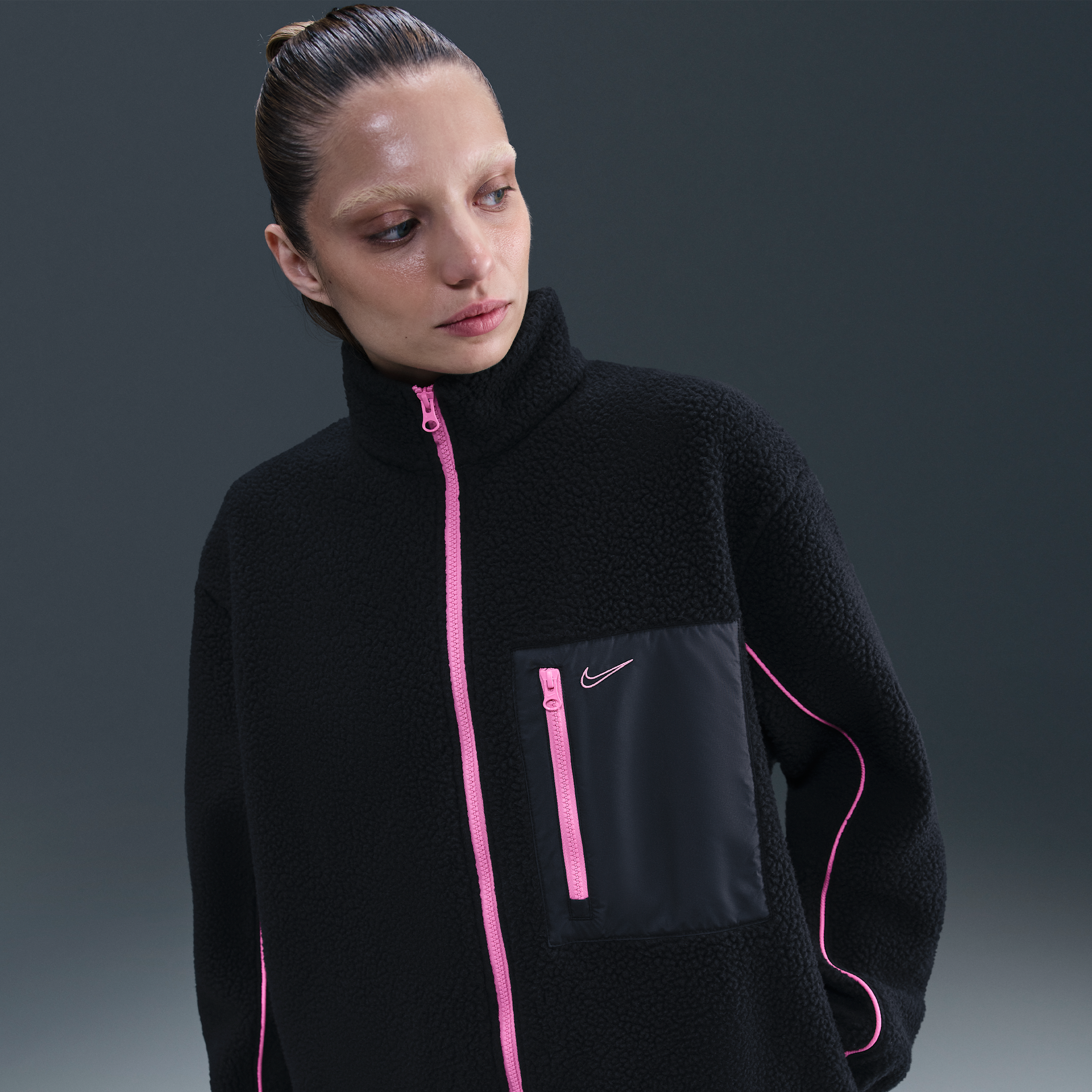 Nike Sportswear hoogpolig fleecejack met rits voor dames - Zwart