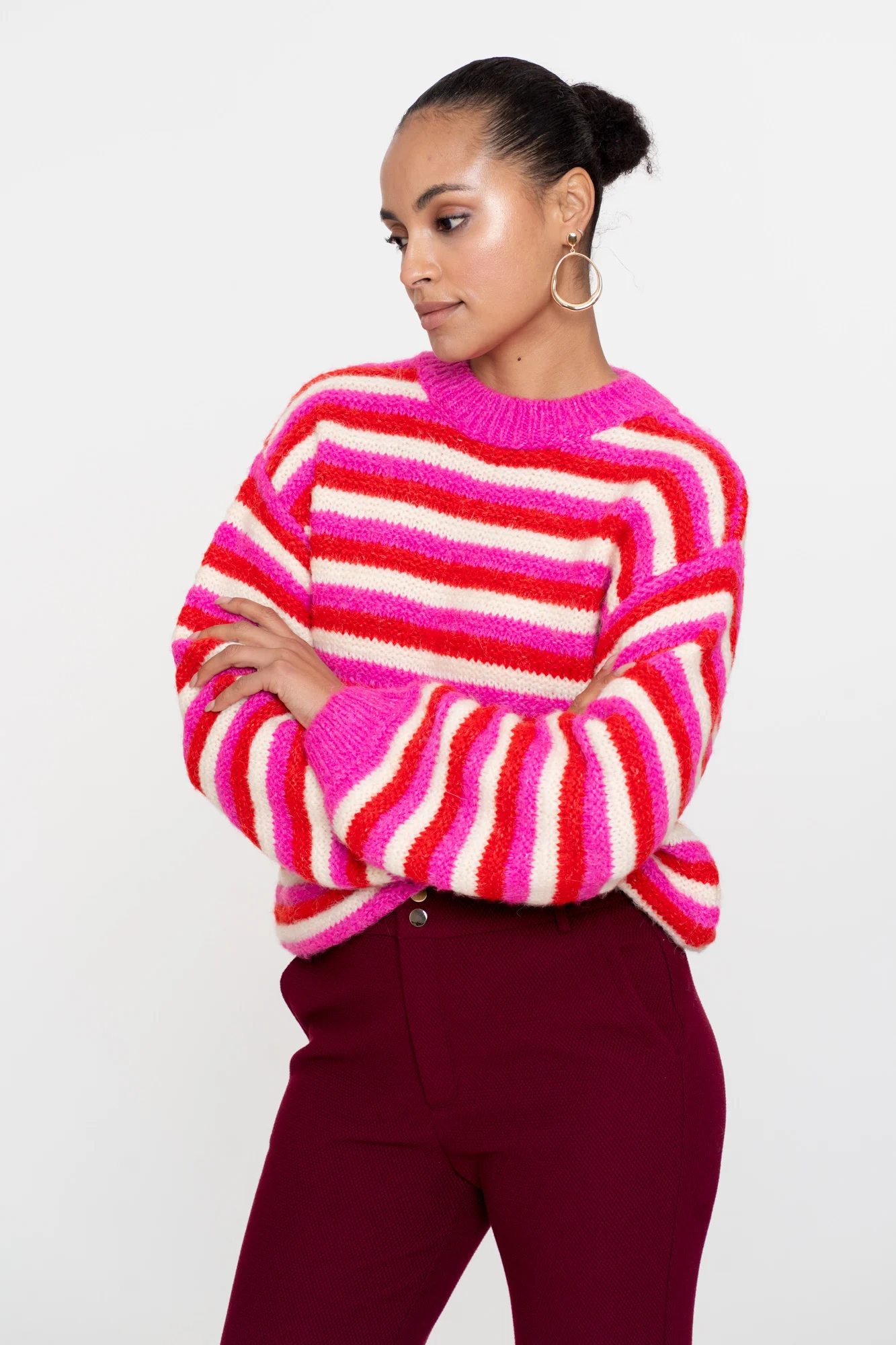 Geisha 54565-23 420 pullover loose knit stripes pink/red/off-white