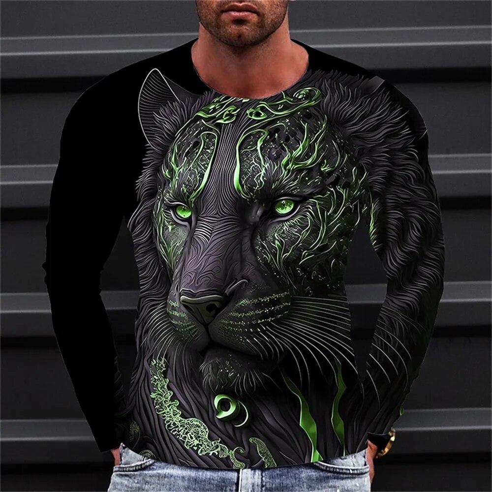 Nihao Herfst Plus Size T-shirt Herenkleding Heren T-shirt 3D Dierenprint O-hals Lange Mouw Top Casual Straat Vintage T-shirt XXXL