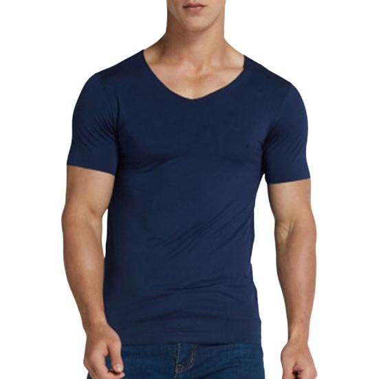 Songmeijuan Mannen Zomer T-shirt Effen Kleur Naadloos Ijs Zijde V-hals Korte Mouwen Zacht Ademend Trui Sport Business Casual Heren Office top XL marineblauwe kleur