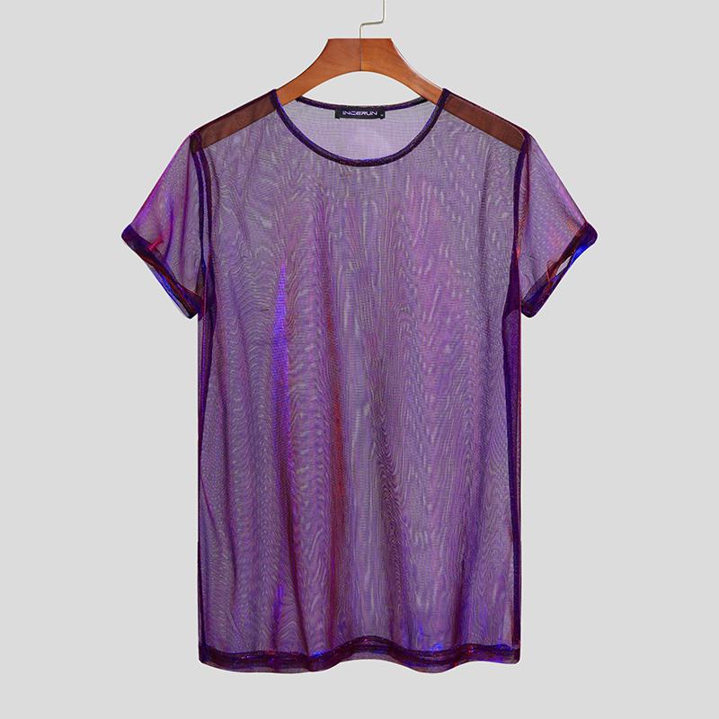 INCERUN Zomer Heren Korte Mouw Doorschijnende Mesh Shirts Party Clubwear Slim Fit Tee Tops XL paars