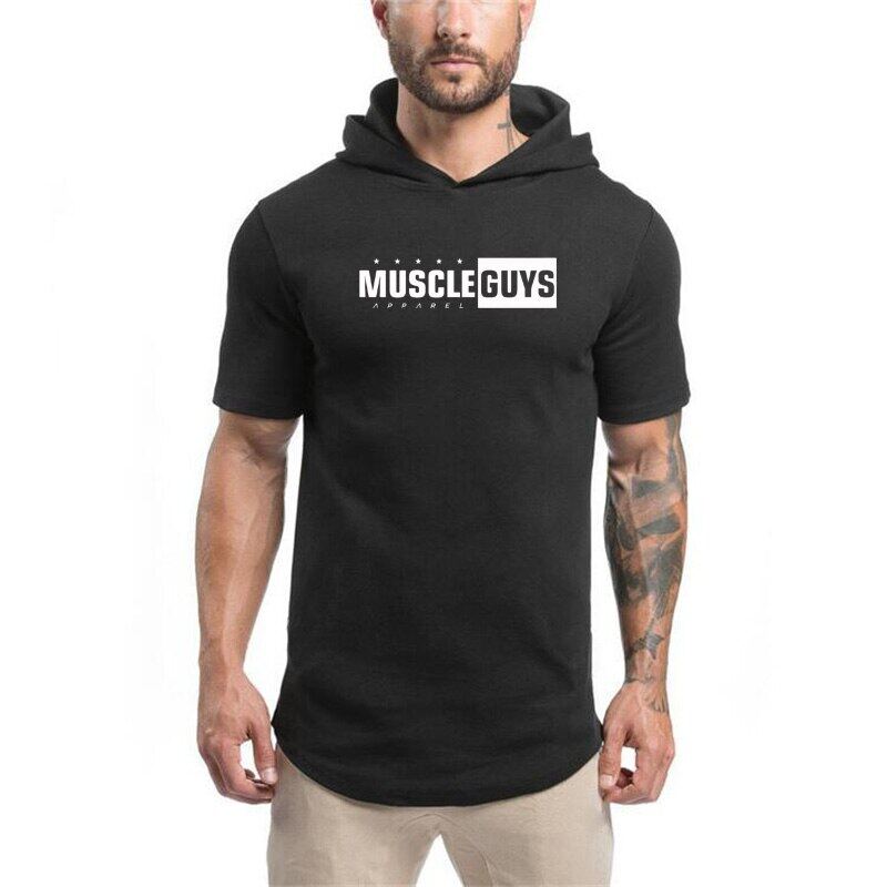 Muscleguys Zomer nieuwe herenmode T-shirt met korte mouwen katoen trend Bodybuilding Fitness trui met capuchon en halve mouw Sport T-shirt met capuchon XXL wit