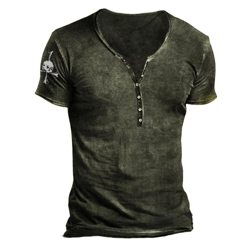 Haodingfushi Mannen V-kraag Knop Vintage T-shirt, Zomermode Punk T-shirt met korte mouwen. L