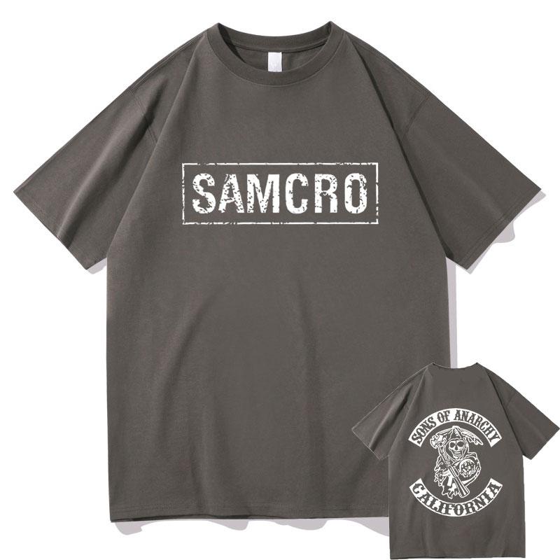 The second face a man Sons of Anarchy SAMCRO Dubbelzijdig Print T-shirt Mannen Womnen Mode Hip Hop Rock Tees Korte Mouw Zomer Katoenen T shirts Tops L donkergrijze kleur