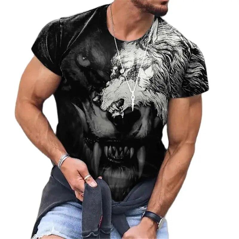 Kukebang Zomer Animal Wolf Print Heren T-shirt Ronde Hals Korte Mouw Losse Tops Casual Mannelijke Tees Oversized T-shirts 6XL 3XL