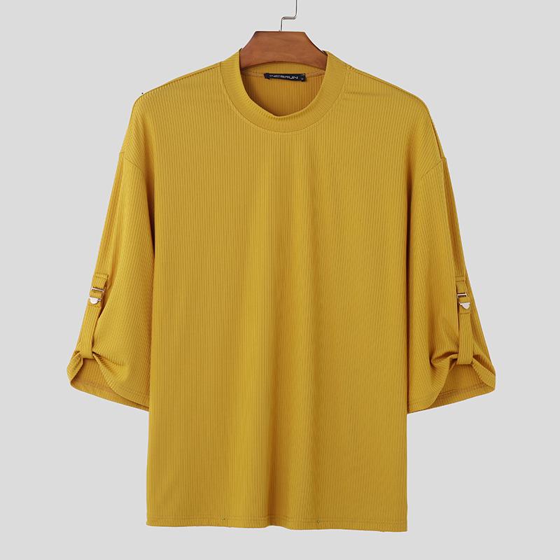 INCERUN Heren 3/4 mouw ronde hals gestreepte casual tops 3XL geel
