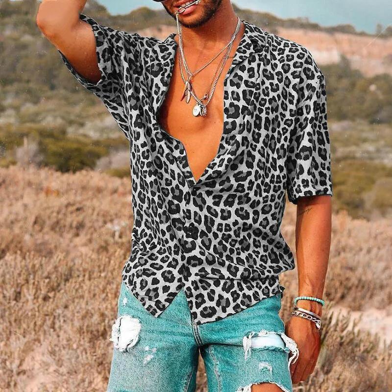 Camping Out Zomer Heren Luipaardprint Korte Mouw Overhemd Casual en Comfortabel Revers T-shirt Mode Straat Trend Bedrukt Overhemd S-5XL L grijze kleur