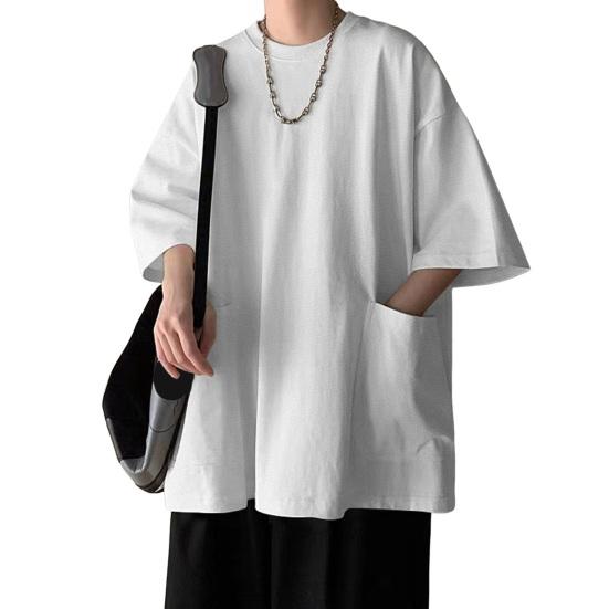 Bohuidadeng Zomer Heren T-shirt Ronde Hals Los Mid Lengte Effen Kleur Plus Size Zakken Halve Mouwen Streetwear Outdoor Top L wit