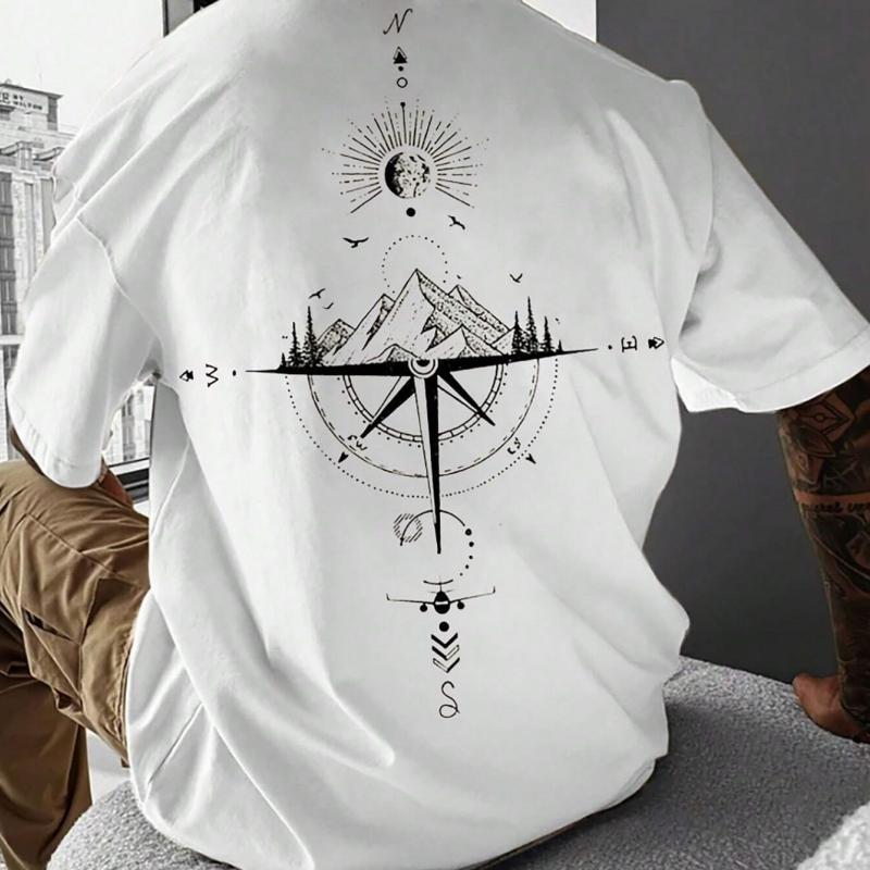 ETST 03 2024 Nieuwe Zomer Mannen T-shirt 3d Kompas Gedrukt Korte Mouw Tees Eenvoudige Mode Mannelijke Kleding Losse Oversized T-shirt Voor mannen M