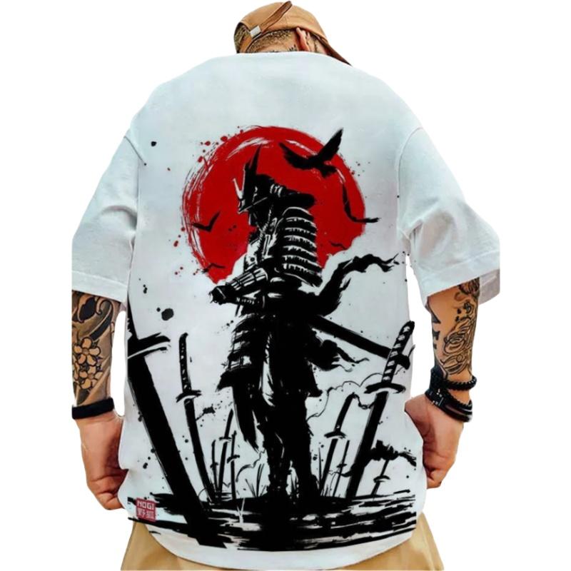 ETST 07 Mode Japanse Samurai Bedrukte Heren Trendy T-shirts Zomer O-hals Korte Mouw Losse T-shirts Streetwear Hip Hop Tops 3XL L