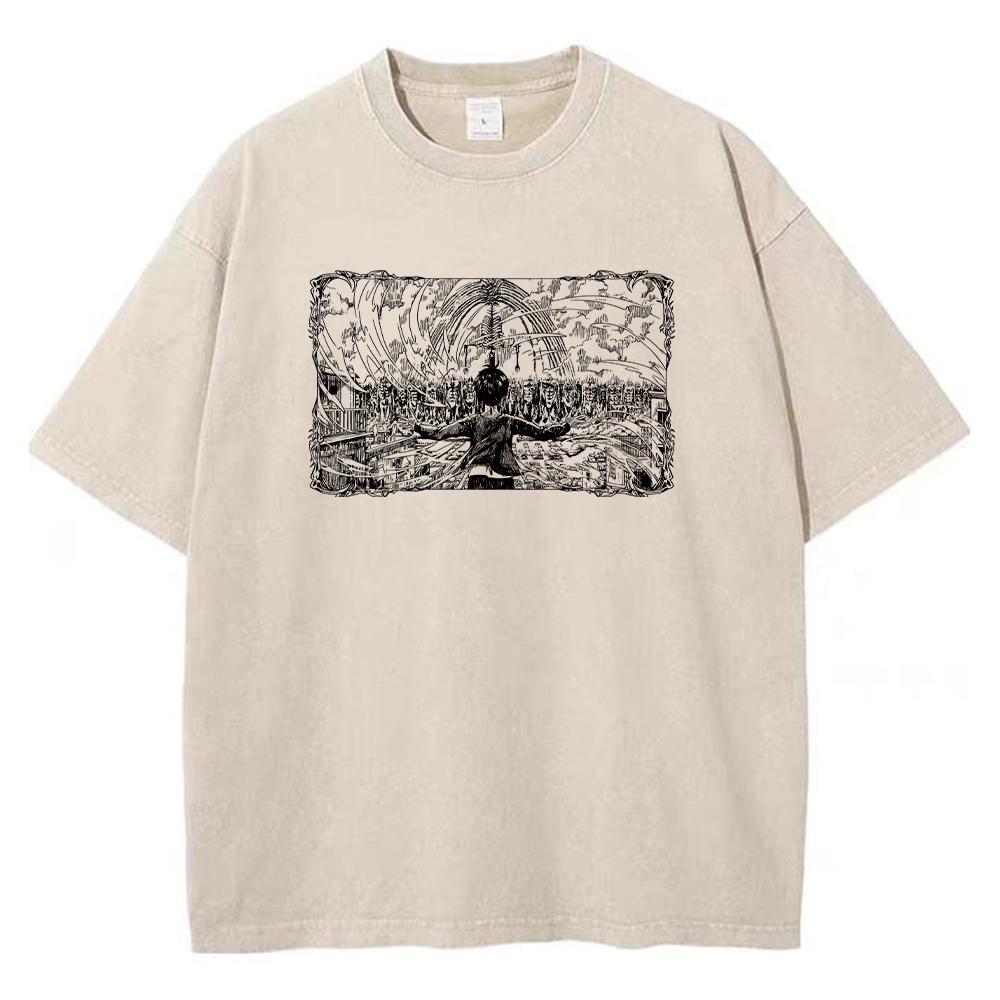 Washed T Shirt top No.1 Heren gewassen anime Attack on Titan T-shirt hiphop streetwear grafische print oversized T-shirt korte mouwen katoenen losse vintage tops XL