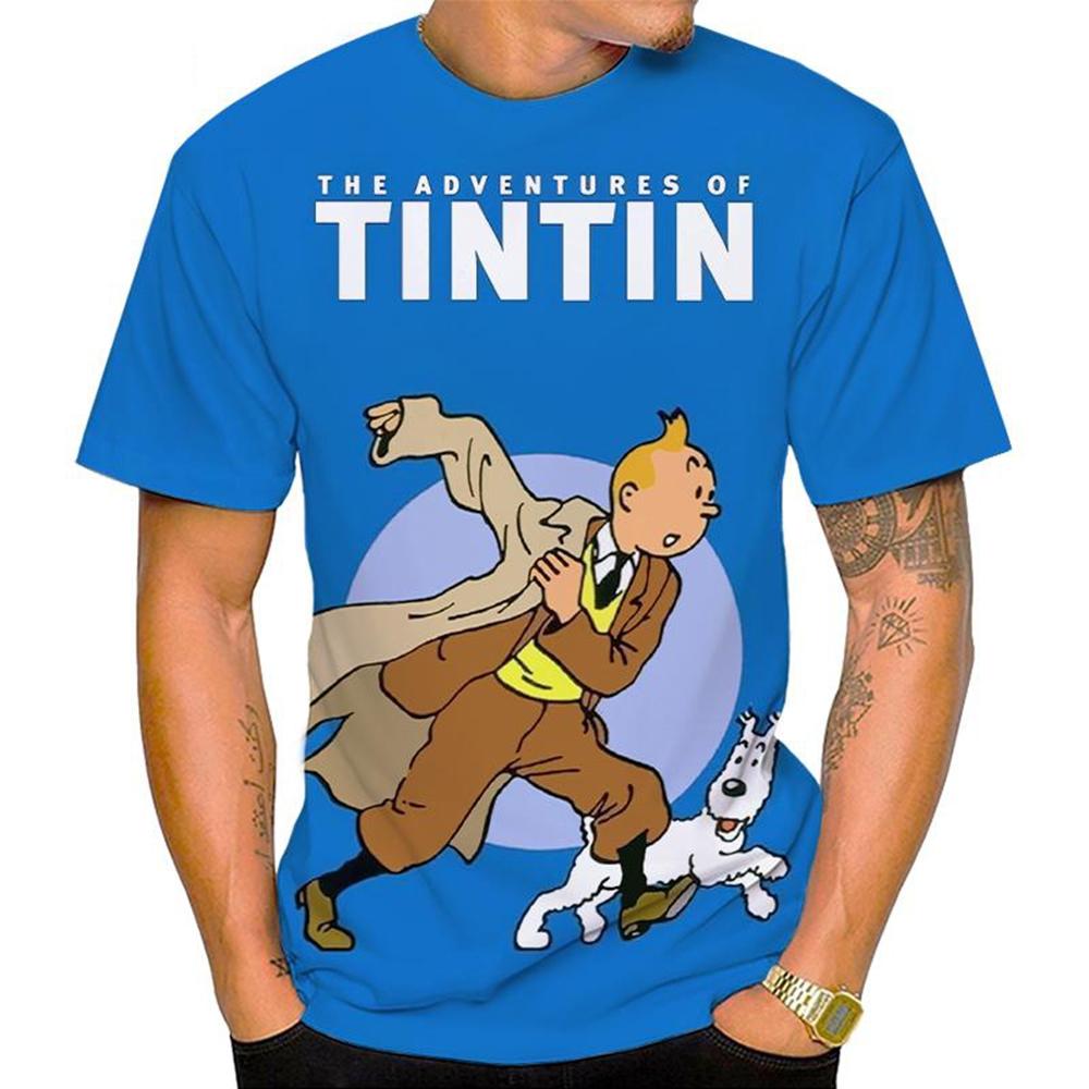WowClassic Summer Round Neck 3D Cartoon 'The Adventures of Tintin' Graphic Print Top Fashionable Casual Short Sleeved Men's T-shirts 4XL