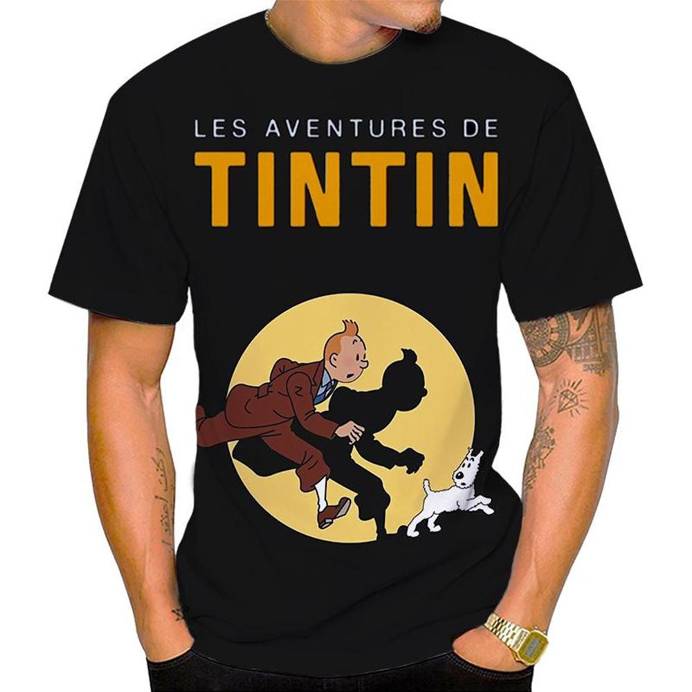 WowClassic Summer Round Neck 3D Cartoon 'The Adventures of Tintin' Graphic Print Top Fashionable Casual Short Sleeved Men's T-shirts XXXL