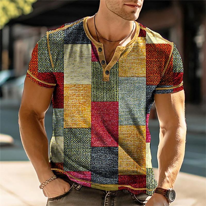 Our T-shirts 3D-print patchwork kleurblok vintage Henley-shirts herenmode oversized overhemden met korte mouwen tops kleding XL