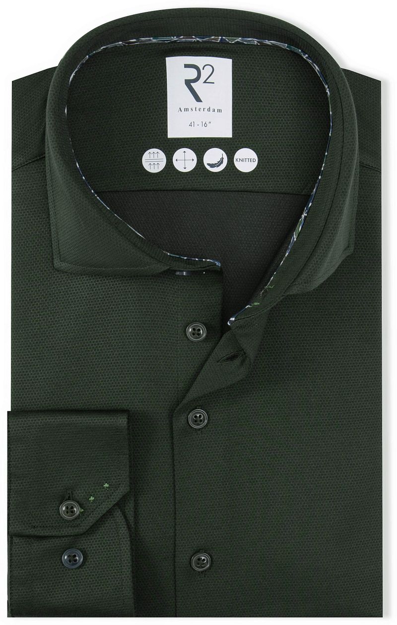 R2 Amsterdam R2 Overhemd Dobby Travel Shirt Donkergroen