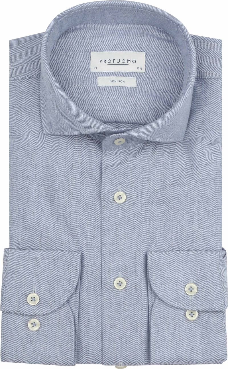 Profuomo Overhemd Peached Herringbone Flanel Blauw