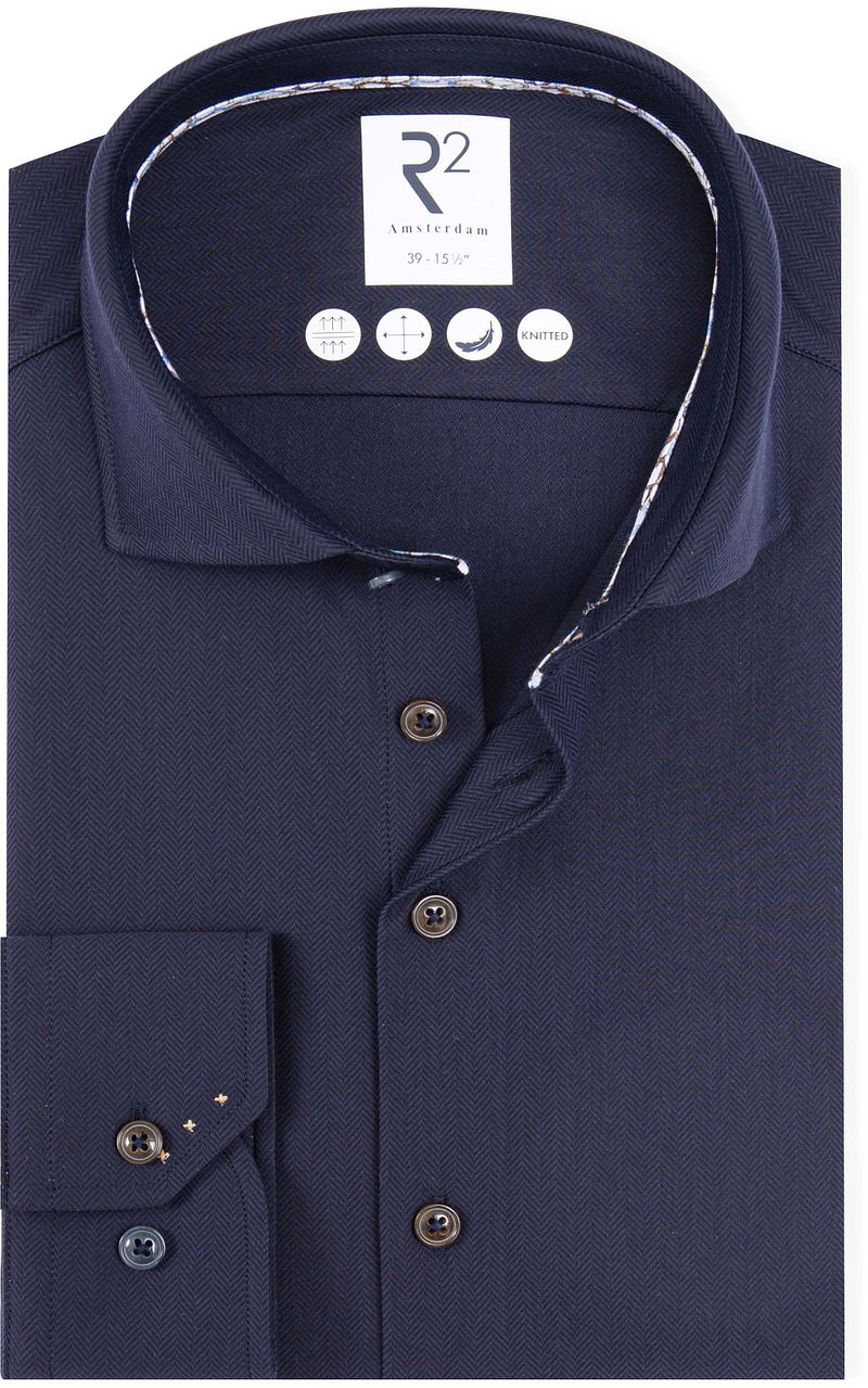 R2 Amsterdam R2 Knitted Travel Overhemd Herringbone Navy
