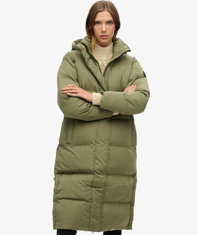 Superdry Lange Pufferjas met Capuchon Khaki