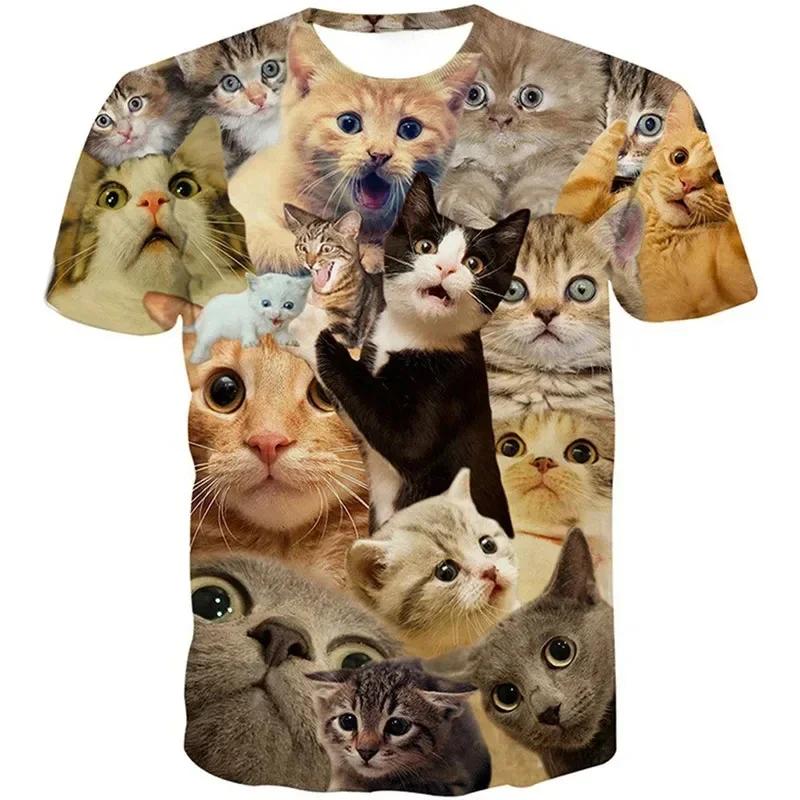 Plus Size FUGUIS Summer Men Galaxy Cat Graphic Short Sleeve 3D Print Funny Cats T Shirt Personality Fashion Casual Harajuku Street Round Neck Tee XL beige