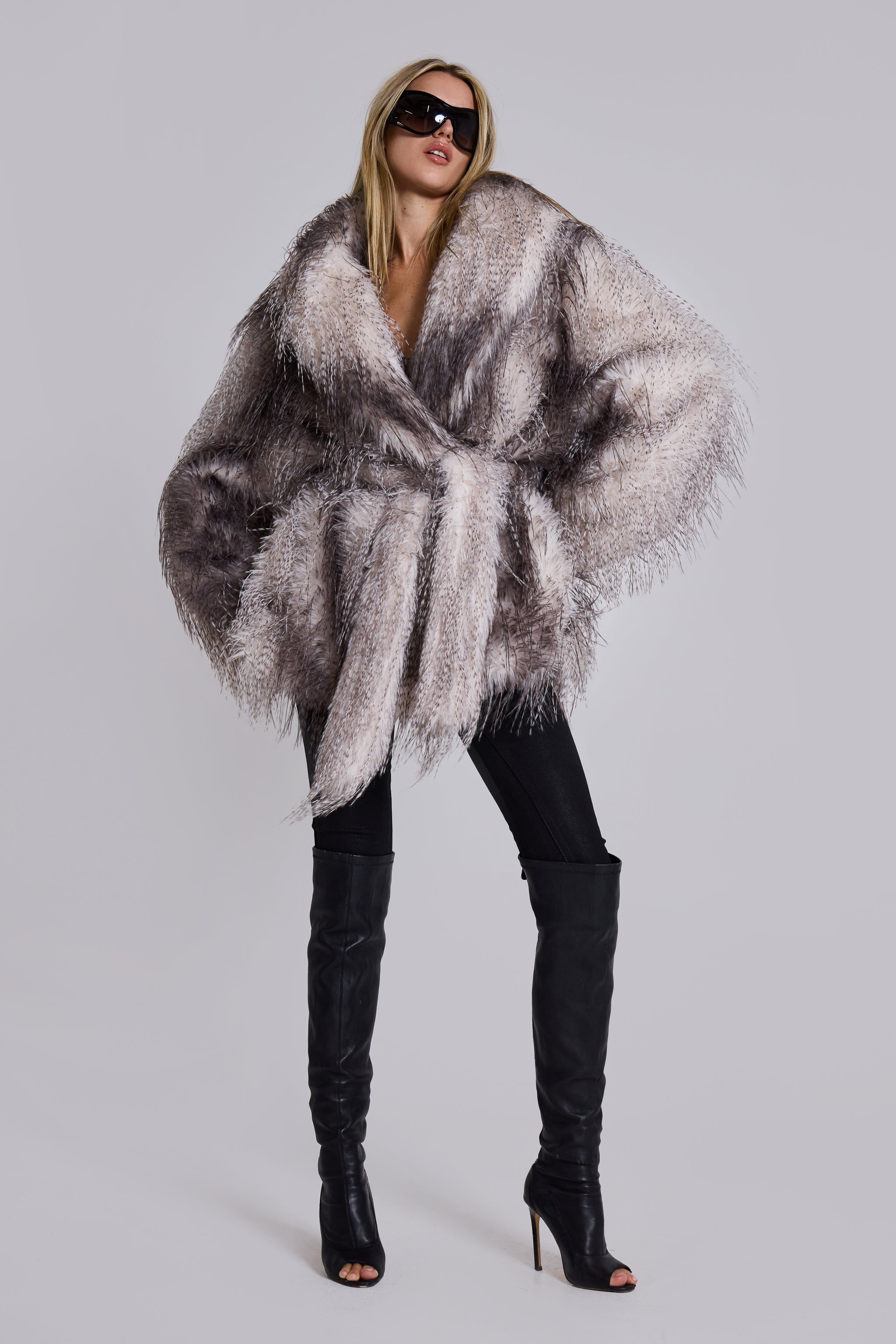 Jaded London Haka Faux Feather Belted Fur Coat