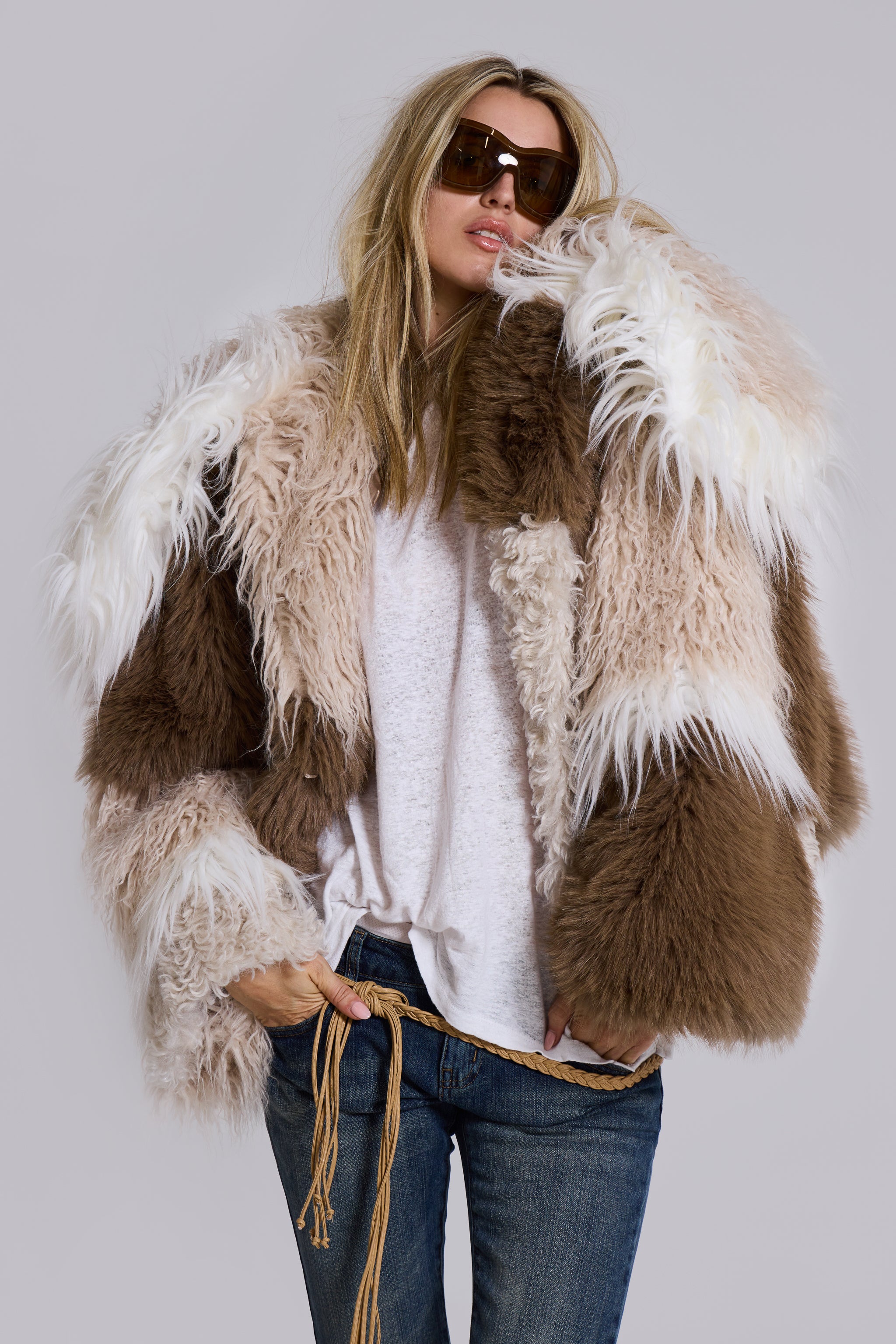 Jaded London Oksana Patchwork Faux Fur Coat in Beige