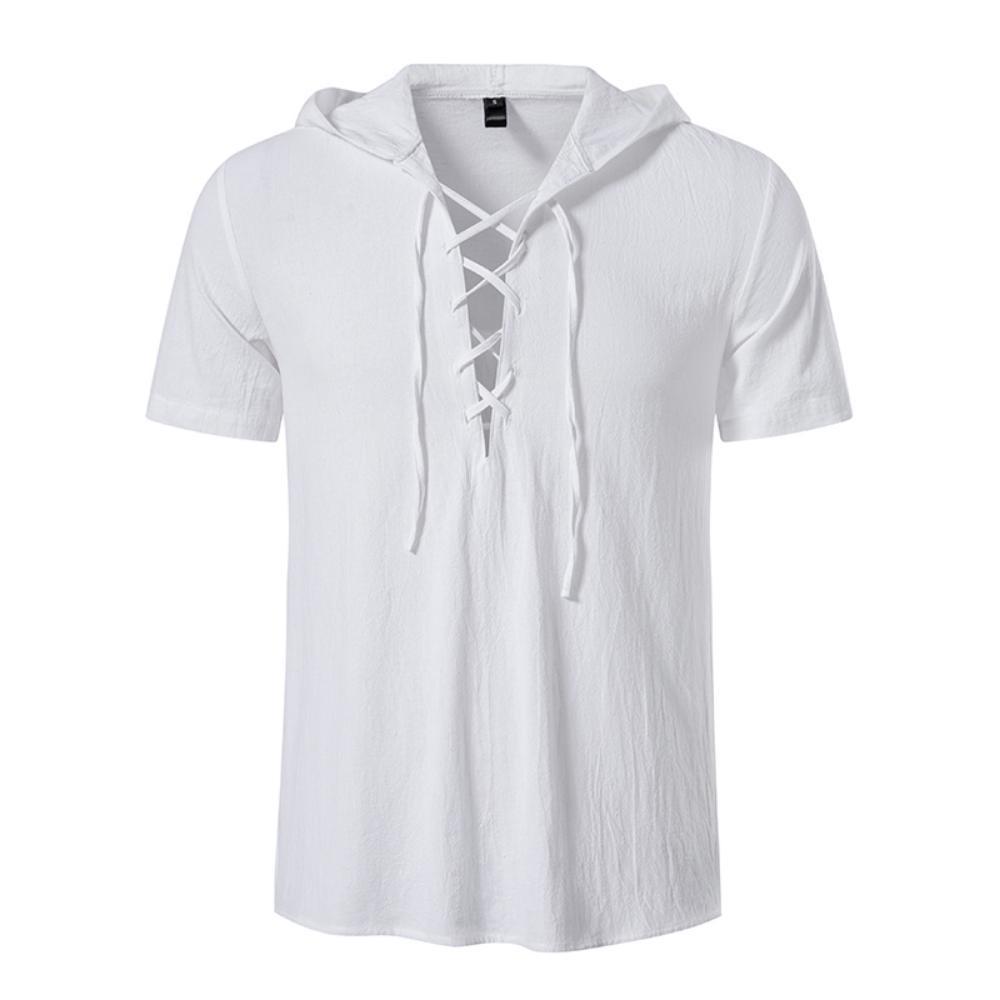 Super maller Zomer katoen en linnen strand T-shirt heren los half vest T-shirt mode vakantie T-shirt met capuchon L