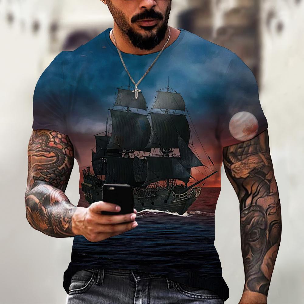 Kukebang Vintage mannen schip T-shirts 3D gedrukt piratenschip ronde hals korte mouw T-shirt voor mannen oversized tops tee shirt 2XL