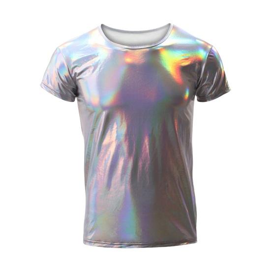 Tianhangyuan Zomer Heren T-shirt Glanzend Oppervlak Bronzing Slim Fit O Hals Effen Kleur Korte Mouwen Trui Feest Club Prestatie Dans Streetwear Top XL zilver