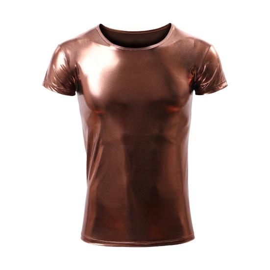 Tianhangyuan Zomer Heren T-shirt Glanzend Oppervlak Bronzing Slim Fit O Hals Effen Kleur Korte Mouwen Trui Feest Club Prestatie Dans Streetwear Top XL koffie