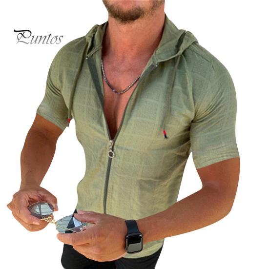 DILLER Heren T-shirt met capuchon, korte mouwen, geruit T-shirt met rits, casual dun zomertopje voor sport, vrije tijd, buiten, strand M groen