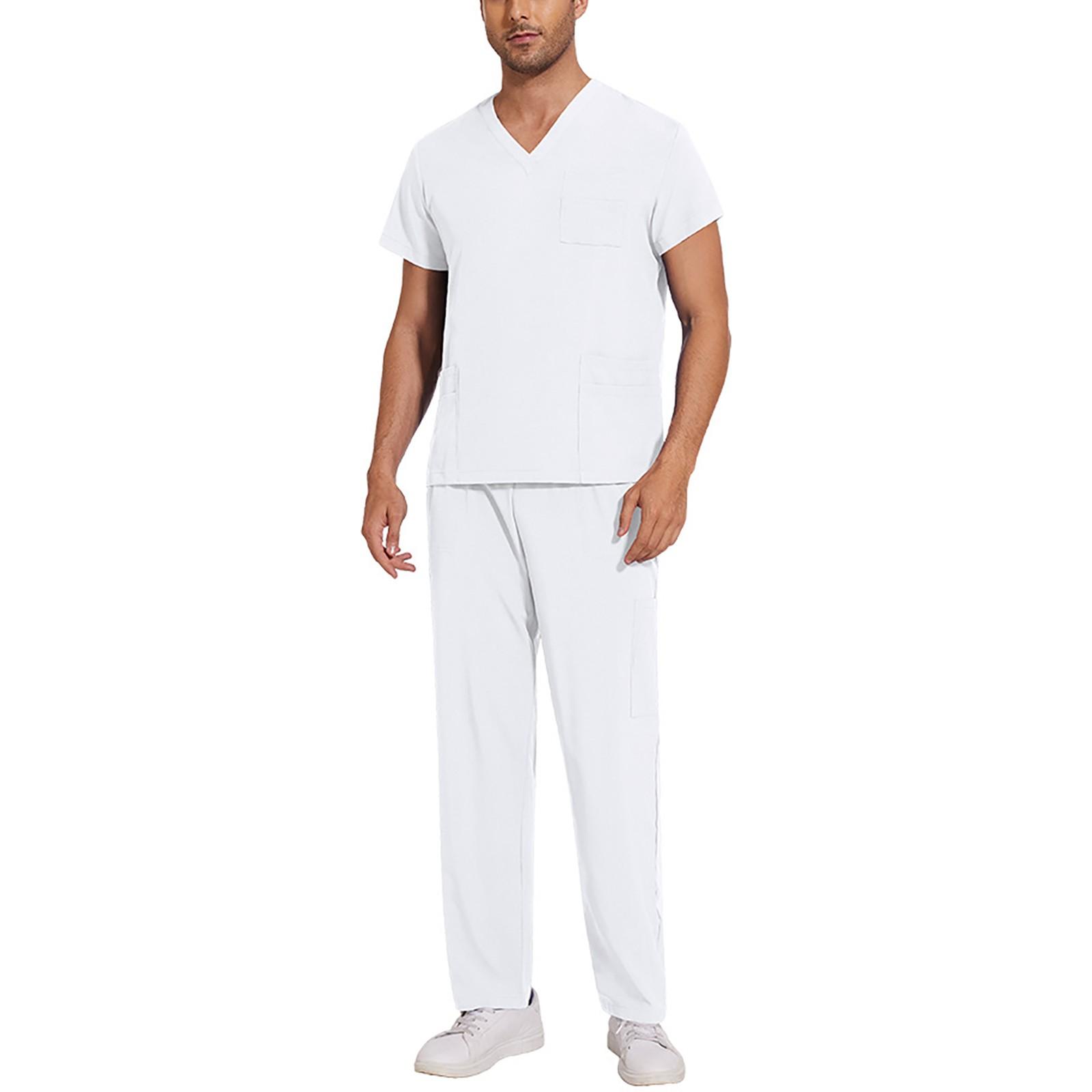 Timoduizhang Soild Scrub Working Uniform Suit For Men's Cross V-Neck Short Sleeve Fun T-Shirts Workwear Tee With Pockets XL wit