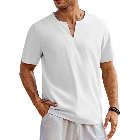 Chosyin Heren Zomer T-shirt Effen Kleur Korte Mouw V-hals Zacht Ademend Katoen Linnen Mid Lengte Trui Casual Dagelijks Strand Top 3XL