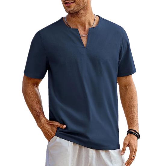 Chosyin Heren Zomer T-shirt Effen Kleur Korte Mouw V-hals Zacht Ademend Katoen Linnen Mid Lengte Trui Casual Dagelijks Strand Top XL marineblauwe kleur
