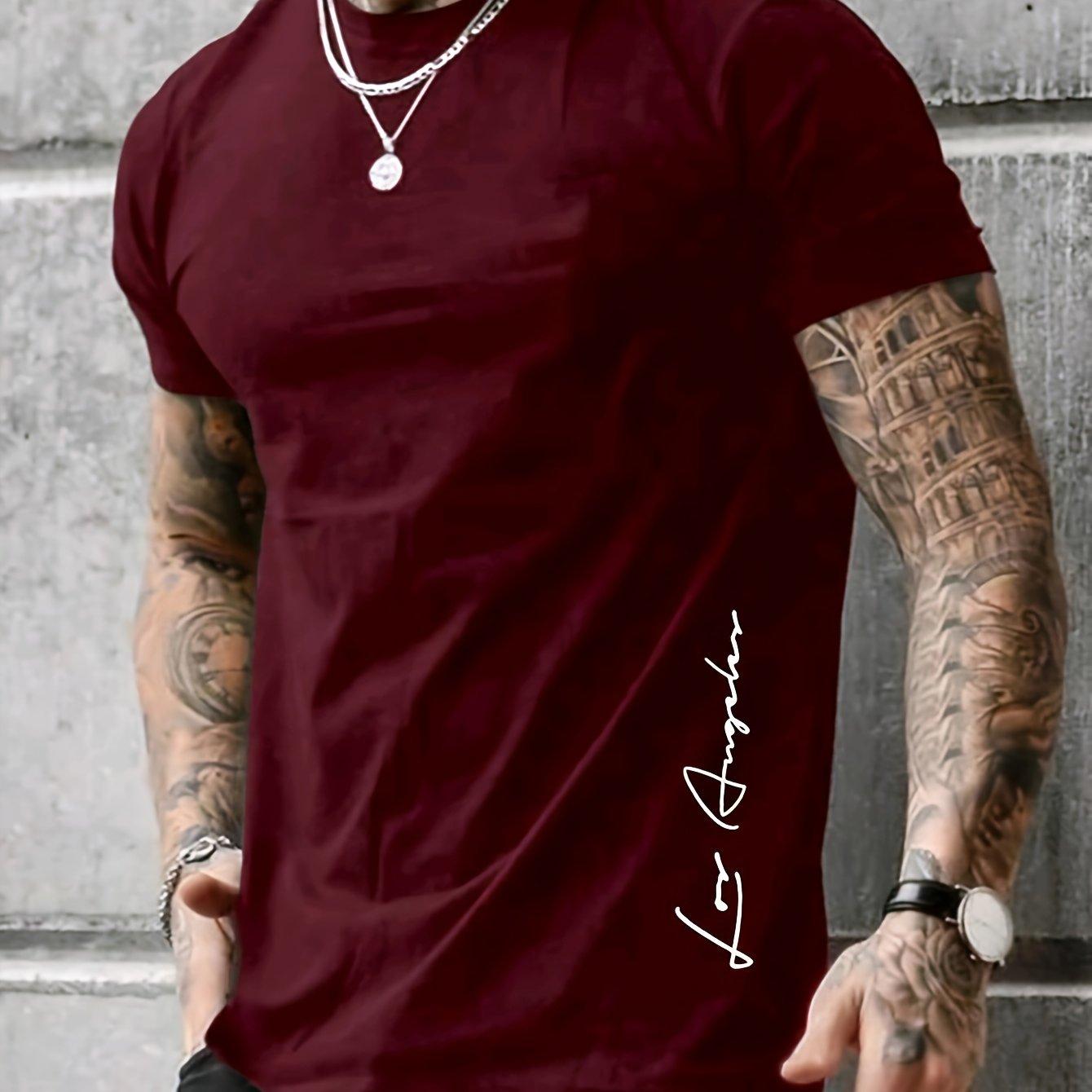 Etst 003 Contrast Letter Print  LOS ANGELES  T-shirt, ronde hals en korte mouwen, geschikt voor heren zomerse outdoorkleding M
