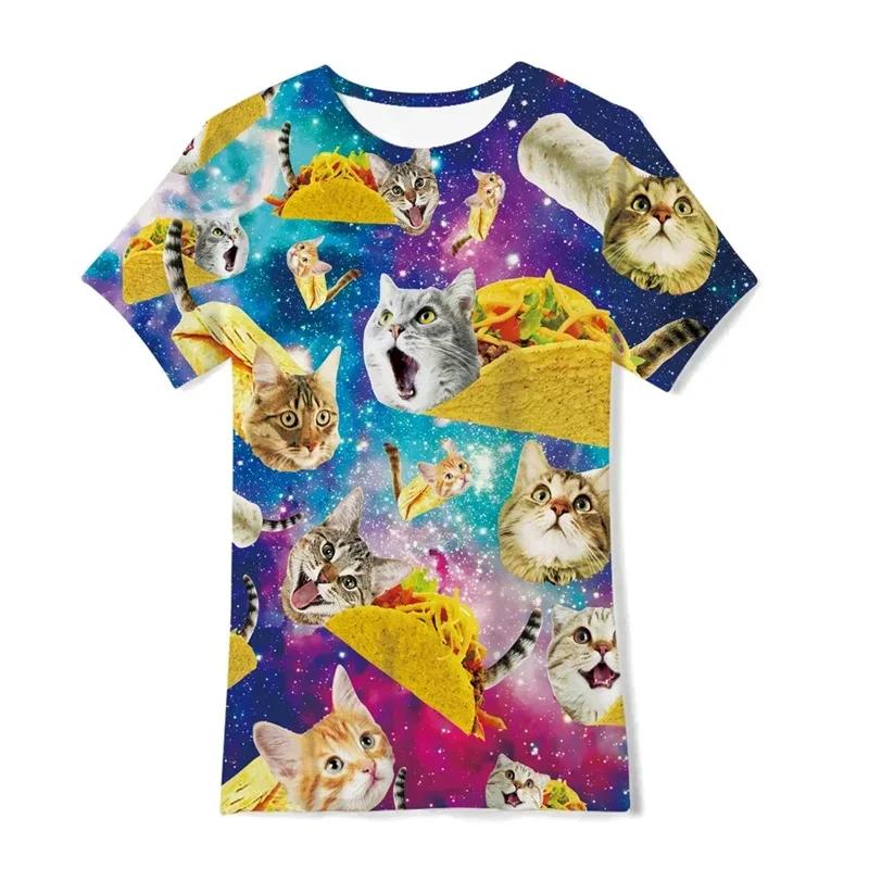 Plus Size FUGUIS Summer Men Galaxy Cat Graphic Short Sleeve 3D Print Funny Cats T Shirt Personality Fashion Casual Harajuku Street Round Neck Tee M
