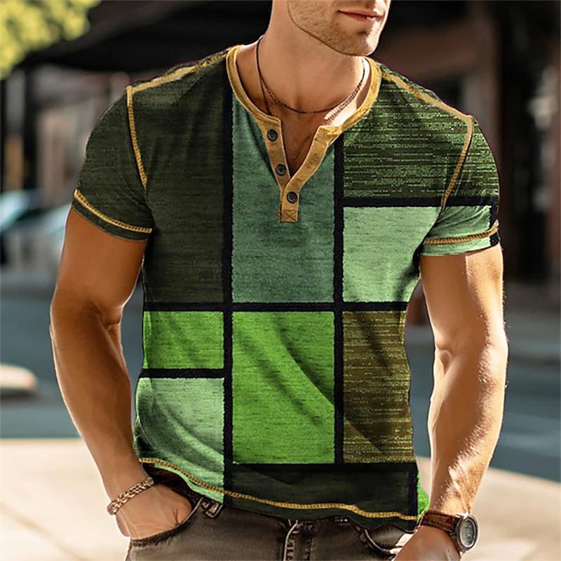 Our T-shirts 3D-print patchwork kleurblok vintage Henley-shirts herenmode oversized overhemden met korte mouwen tops kleding 5XL