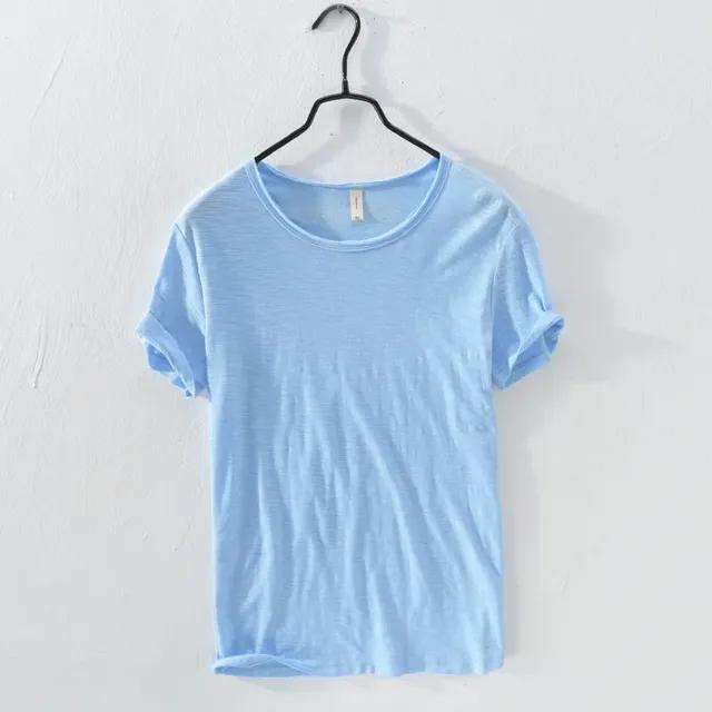 SHIZI Retro Raw Edge T-Shirt for Men Lightweight Breathable Slim-fit O-Neck Casual Basic Top XL hemelsblauwe kleur