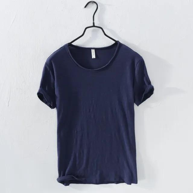 SHIZI Retro Raw Edge T-Shirt for Men Lightweight Breathable Slim-fit O-Neck Casual Basic Top L marineblauwe kleur