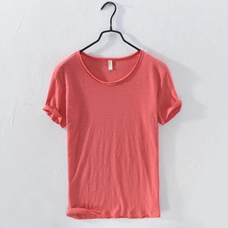 SHIZI Retro Raw Edge T-Shirt for Men Lightweight Breathable Slim-fit O-Neck Casual Basic Top L rood