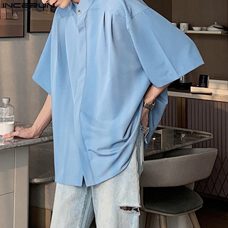 INCERUN herenhemden met korte mouwen, effen kleur, losse overhemden, grote maten tops 2XL blauw
