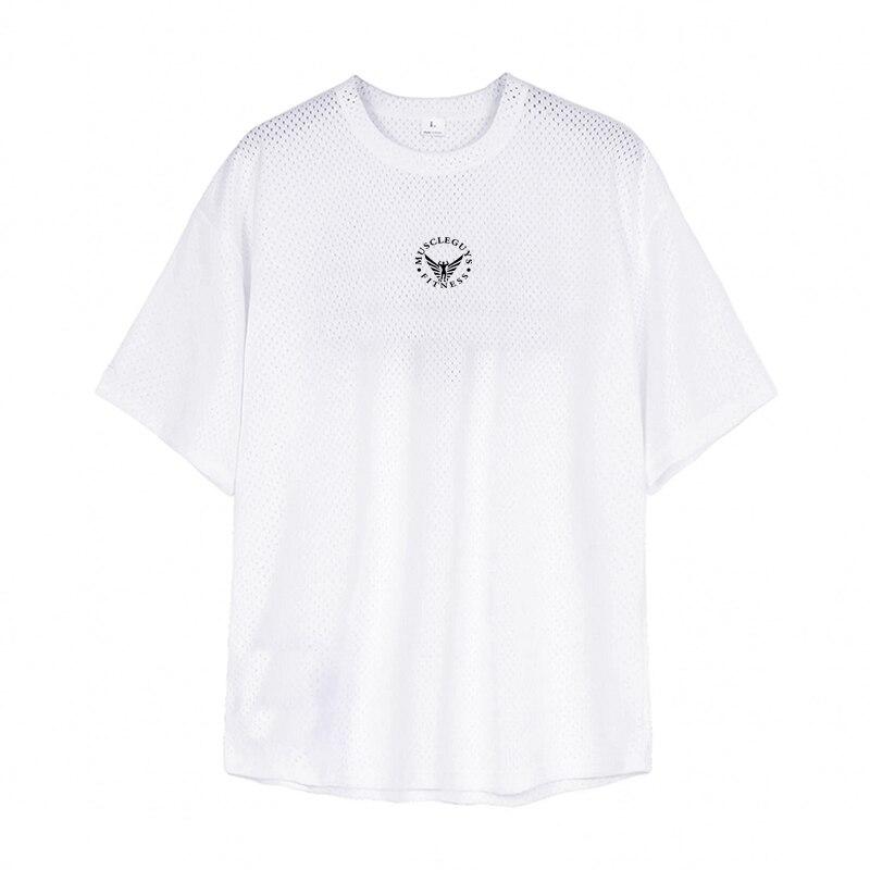 Muscleguys Gymkleding Nieuwkomers Heren Buitensporten Mesh Korte mouwen Zomer Holle Ademende Fitness Tops O-hals XXL wit
