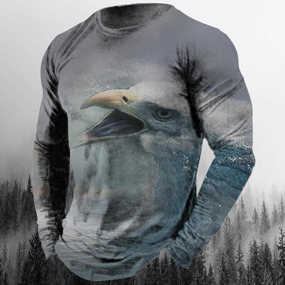 ETST 07 Mannen Eagle Print Patroon Casual Lange Mouw T-shirts Herfst Streetwear 3D Animal Printing Hip Hop Mannelijke Tops Tees Plus size 5XL XL