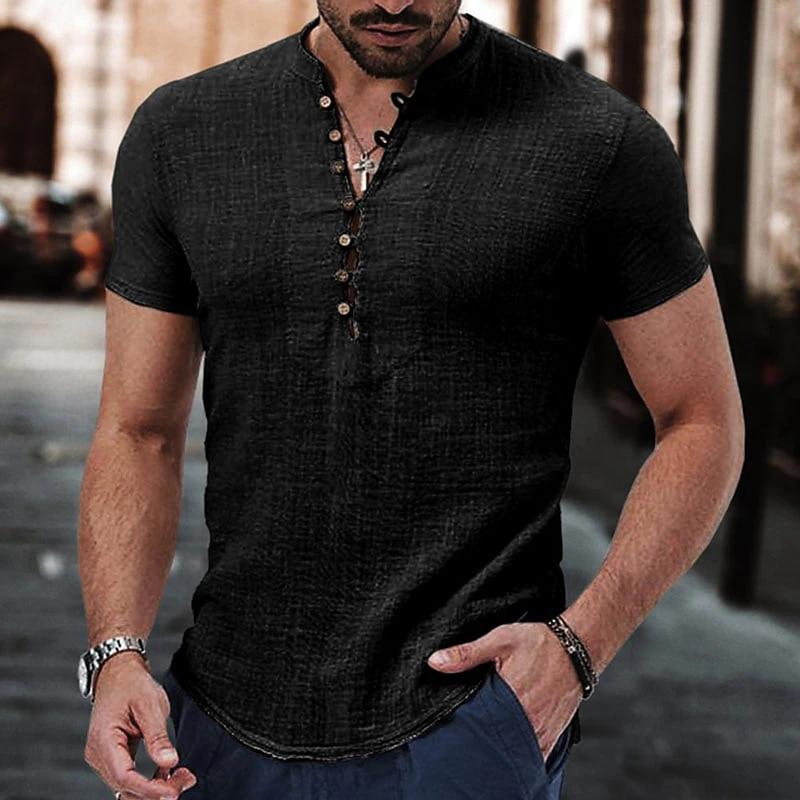King Billion 2024 Nieuwe heren korte mouw T-shirt knoop katoenen linnen overhemd heren casual kleding populaire tops voor mannen US XXL zwart