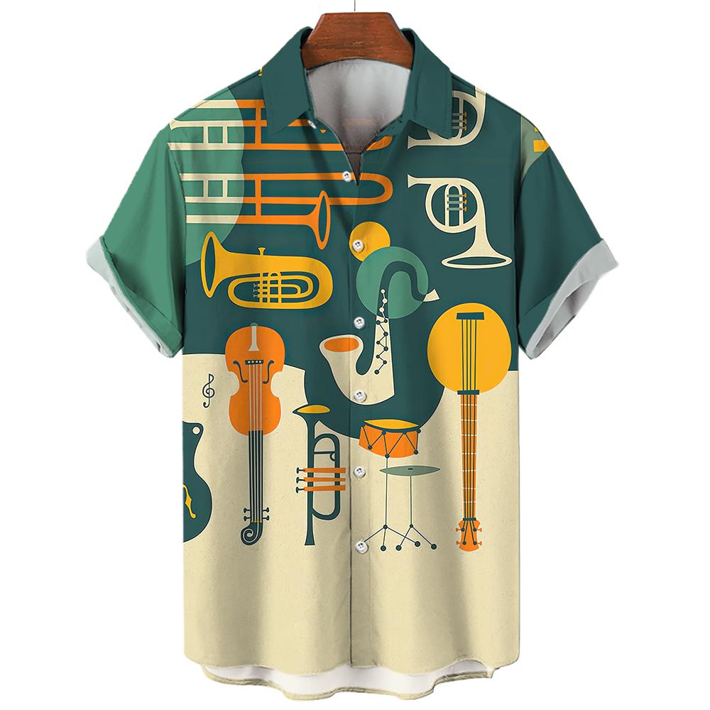 Trendy Frontline Hawaiian Rock Beach Shirt For Men 3d Saxophone Guitar Printed Colorful Music Short Sleeve Casual Oversized Tops Blouse 2XL