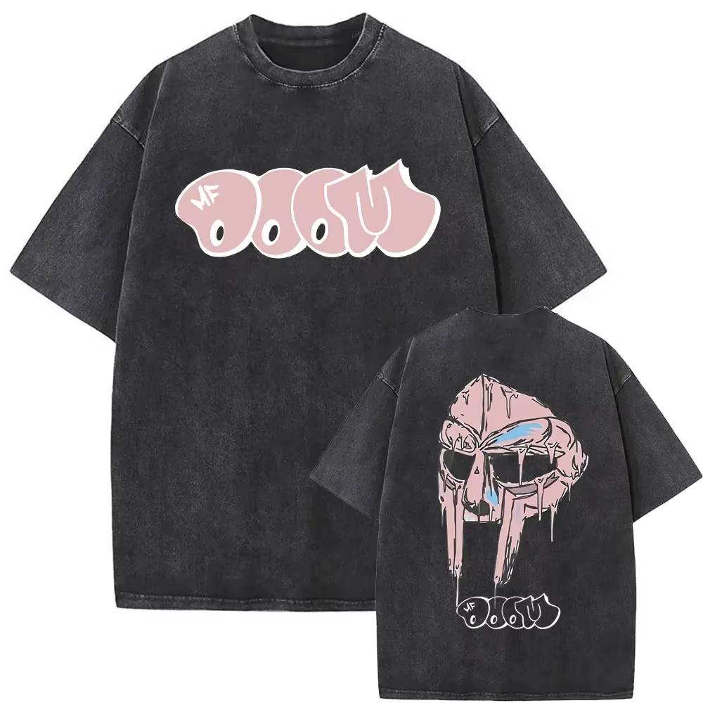 High end pure cotton short sleeved T-shirt Street Style Casual T-shirt Men's and Women's Fashion Short Sleeve Washed Vintage Rapper Mf Doom MM FOOD Pattern T-shirt L