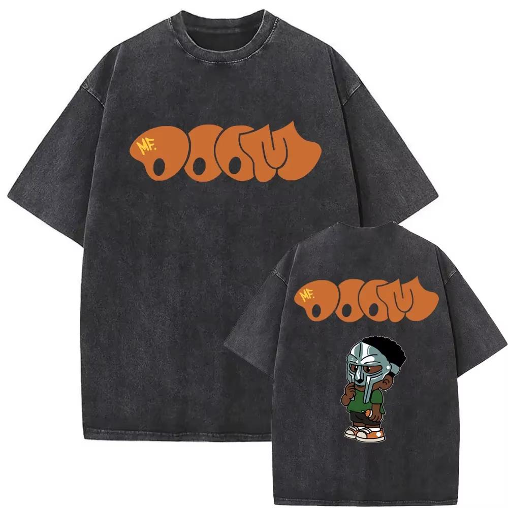 High end pure cotton short sleeved T-shirt Street Style Casual T-shirt Men's and Women's Fashion Short Sleeve Washed Vintage Rapper Mf Doom MM FOOD Pattern T-shirt S